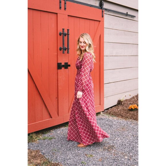 Gal Meets Glam New Red Maroon Plaid Long Puff Sleeve V- Neck Robyn Maxi Dress 2 - Picture 2 of 13